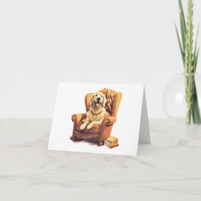 Cachorro na Cadeira com Cartão de Vazio de Livros (Frente)