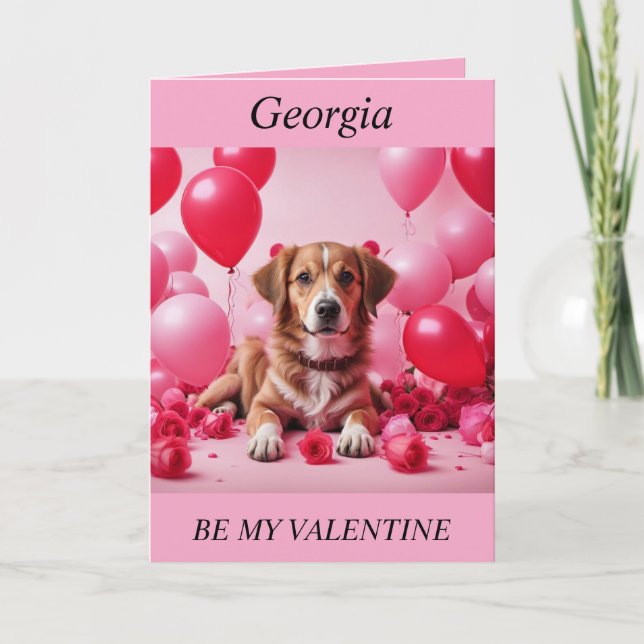 Cachorro namorados, rosas, balões, cartão editável (Frente)
