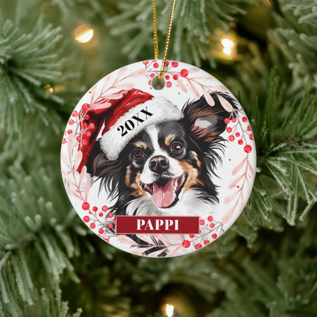 Cachorro Papillon de Chapéu de Natal Enfeite de Na (Árvore)
