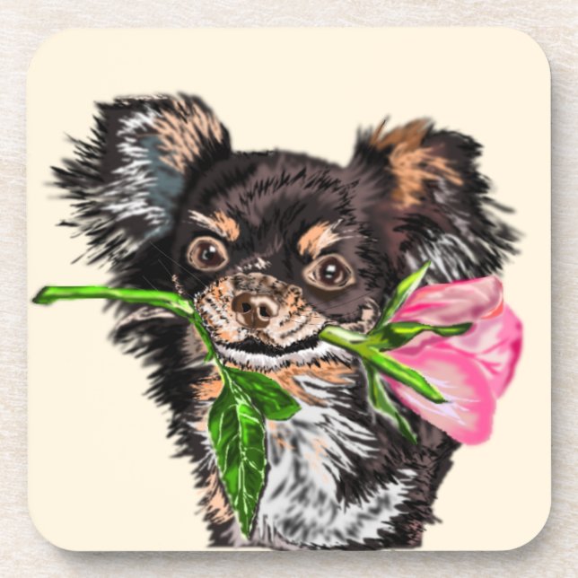 Cachorro Pequeno com Rosa Romântico Porta-Copos de (Frente)