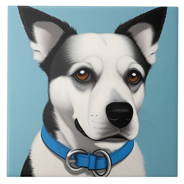 Cachorro Preto e Branco com Coleira Azul (Frente)