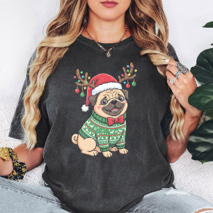 Cachorro Pug de Natal Fofo em Suéter Feio e Chifre
