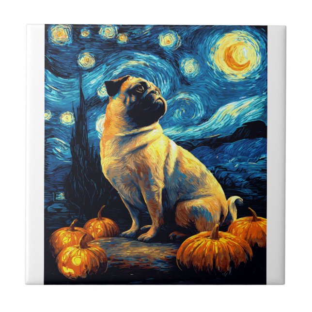 Cachorro Pug de van gogh noite estrelada halloween (Frente)