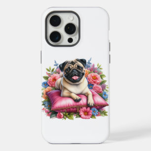 Cachorro Pug em uma Almofada com Flores em Aquarel