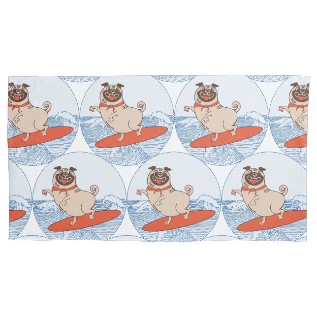 Cachorro pug feliz montando onda na prancha de sur (Frente)