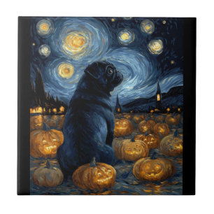 Cachorro Pug preto da noite estrelada de van gogh