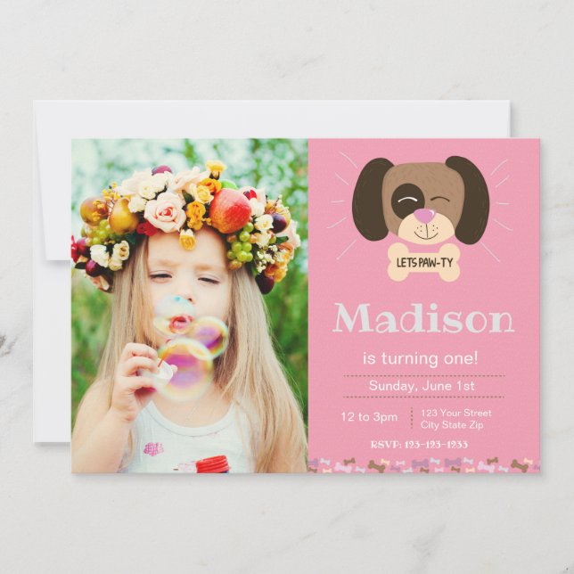Cachorro Rosa Pawty Aniversário Convite (Frente)