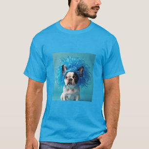 Cachorro vestindo camiseta azul de peruca