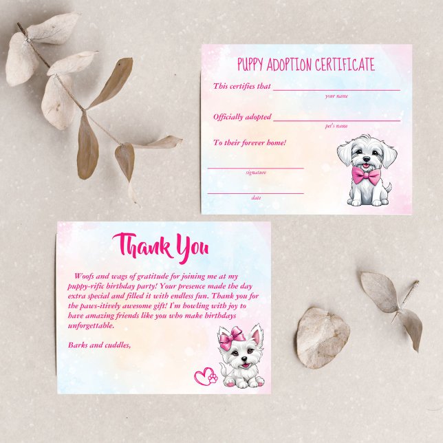 Cachorros brancos, cor-de-rosa, fofinhos (Puppy adoption certificate cute white pink puppies dog themed birthday party)