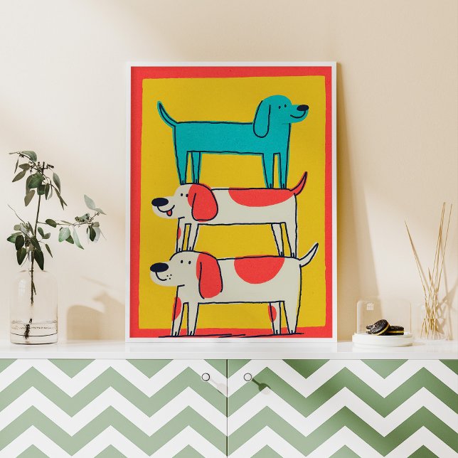 Cachorros empilhados Muralha Pets Poster (Illustration of three stacked dogs in bright colors, made with AI and some real textures.)
