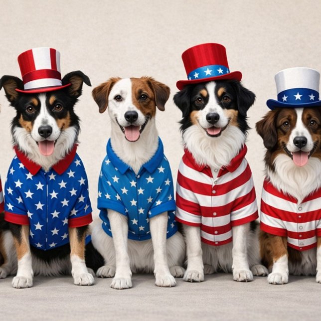 Cachorros Fofos dos EUA com Chapéus e Camisas Estr ("Star, stripes, and wagging tails")
