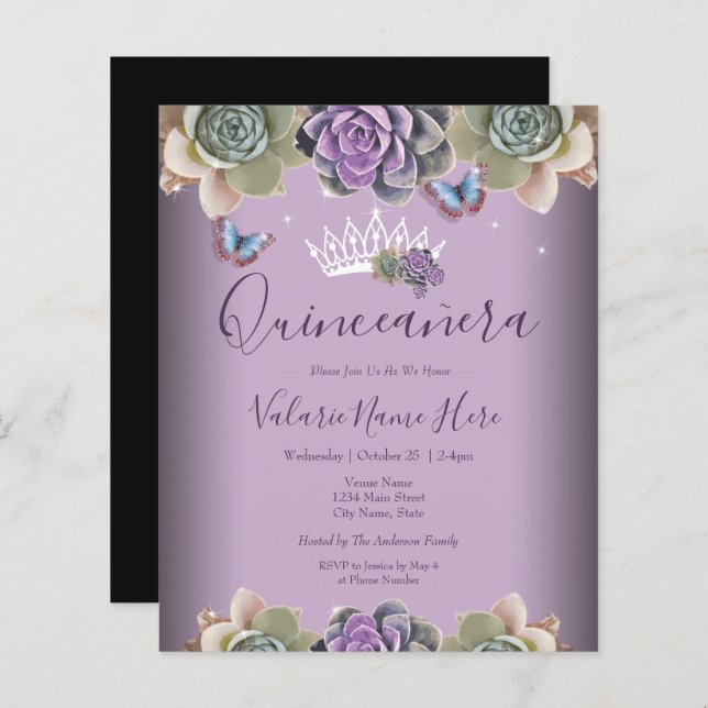 Cactus e Butterfly Elegante Quinceanera (Frente/Verso)