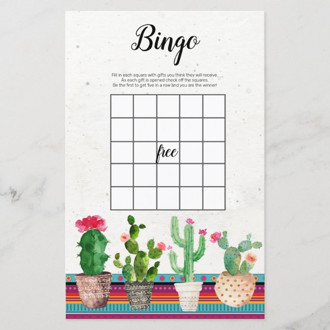 Cactus Fiesta Watercolor Bingo Game (Frente)