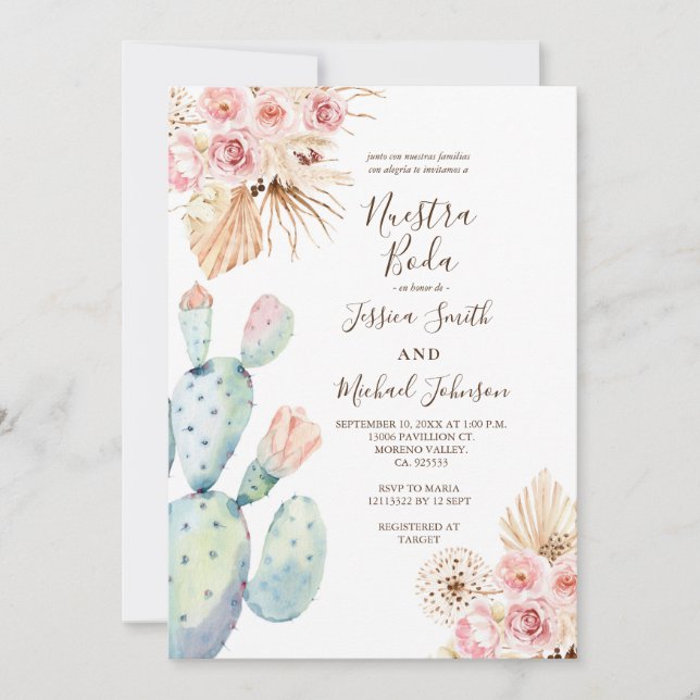Cactus Pampas Muted Tones Nuestra Boda Convite (Frente)