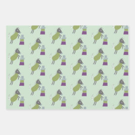 cadeau papier 3 vel paardjes groen roze