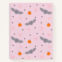 Caderno com Padrão de Morcego de Halloween Rosa Fo