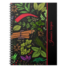 Caderno de fotos espiral preto padrão especiarias 