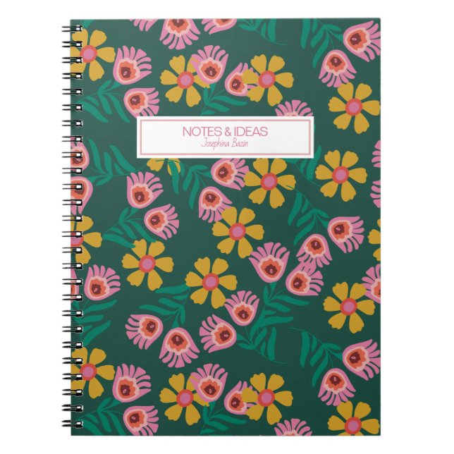 caderno de ideias de notas florais verdes e person (Frente)