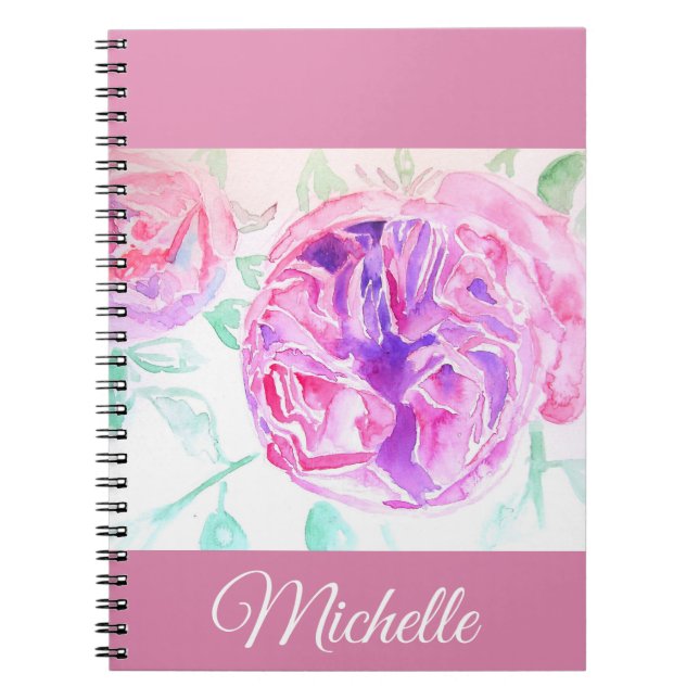 Caderno de Meninas Lilás com Rosa em Aquarela Rosa (Frente)
