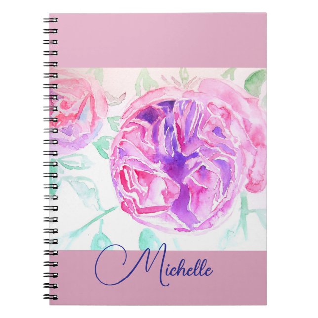 Caderno de Meninas Lilás com Rosa em Aquarela Rosa (Frente)
