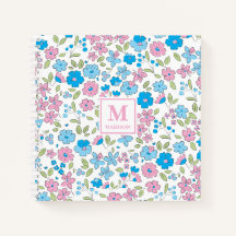 Caderno de Monograma Floral Rosa Azul Diário