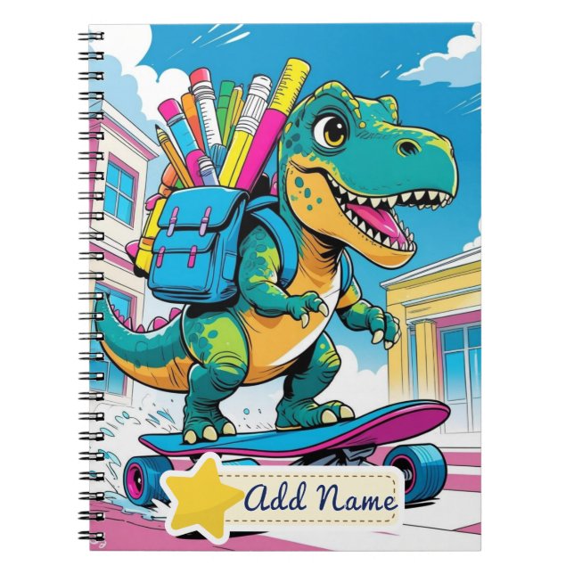 Caderno Escolar Dinossauro Editável – Skateboard (Frente)