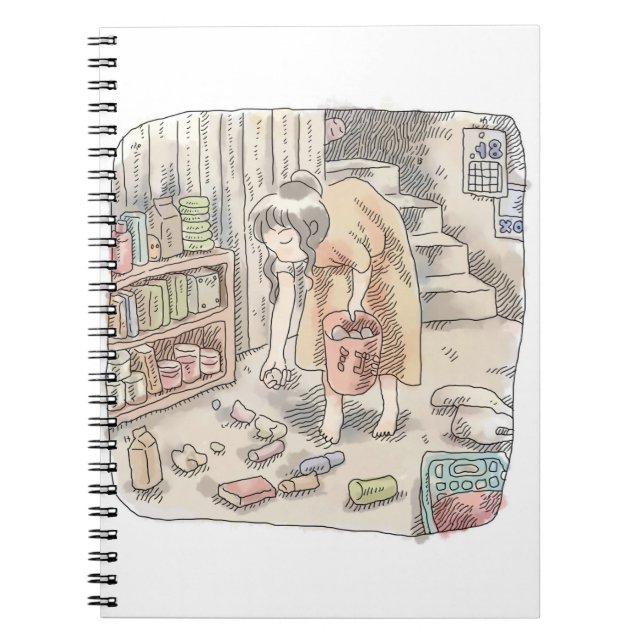 CADERNO ESPIRAL さなささじ  部屋の階段わきで屈んでたくさん落ちているゴミを拾う女性のイラスト (Frente)
