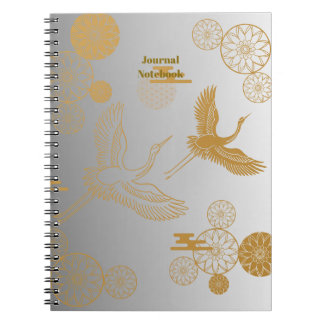 CADERNO ESPIRAL 縁起の良い金色の日本の鶴模様《白×シルバー》ジャーナル