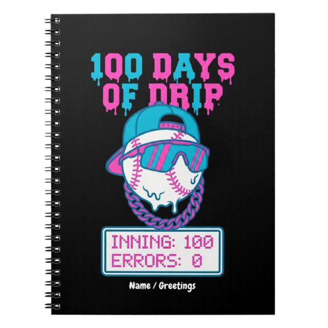Caderno Espiral 100 Days of Drip 0 Errors Baseball School Swag  (Frente)