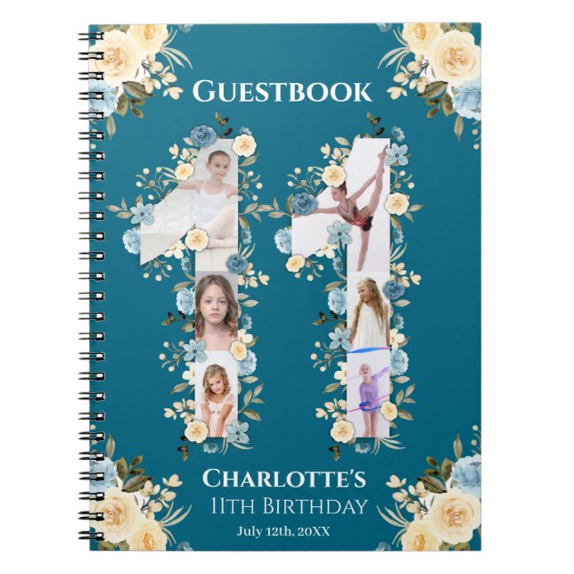 Caderno Espiral 11th Birthday Photo Teal Yellow Flower Guest Book (Frente)