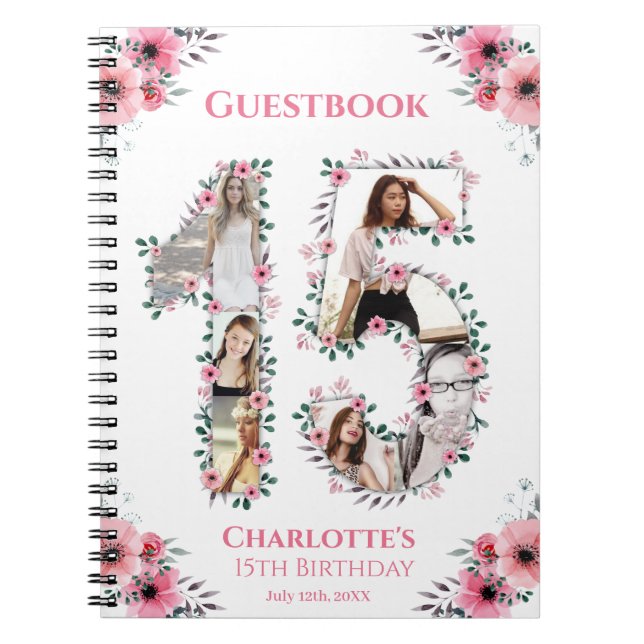 Caderno Espiral 15th Birthday Photo Collage Pink Flower Guest Book (Frente)
