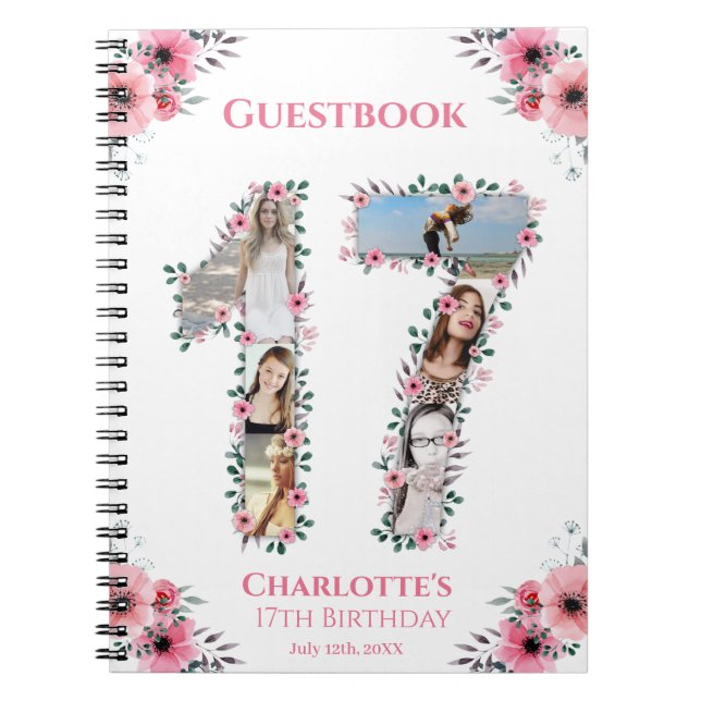 Caderno Espiral 17th Birthday Photo Collage Pink Flower Guest Book (Frente)