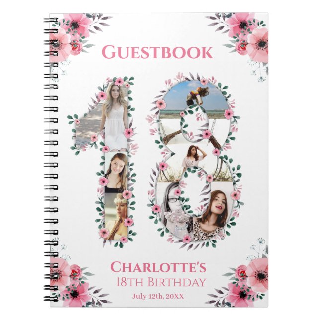 Caderno Espiral 18th Birthday Photo Collage Pink Flower Guest Book (Frente)