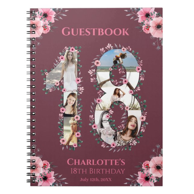 Caderno Espiral 18th Birthday Photo Collage Pink Flower Guest Book (Frente)