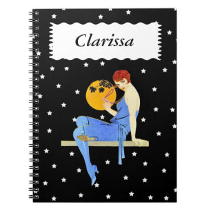 Caderno Espiral 1920 bonito Palha Vermelha Estrelas Luas