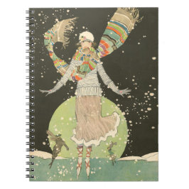 Caderno Espiral 1920 Vintage Mulher Ice Skater com Scarf Colorido