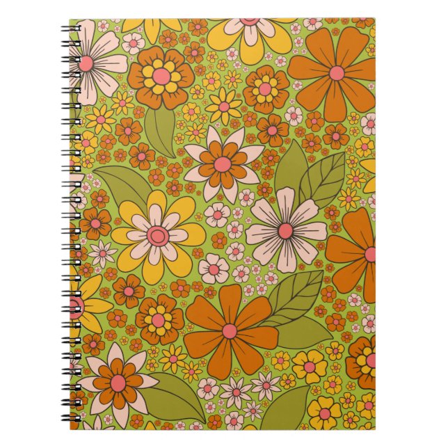 Caderno Espiral 1960, 1970 Retro Floral Verde e Laranja (Frente)