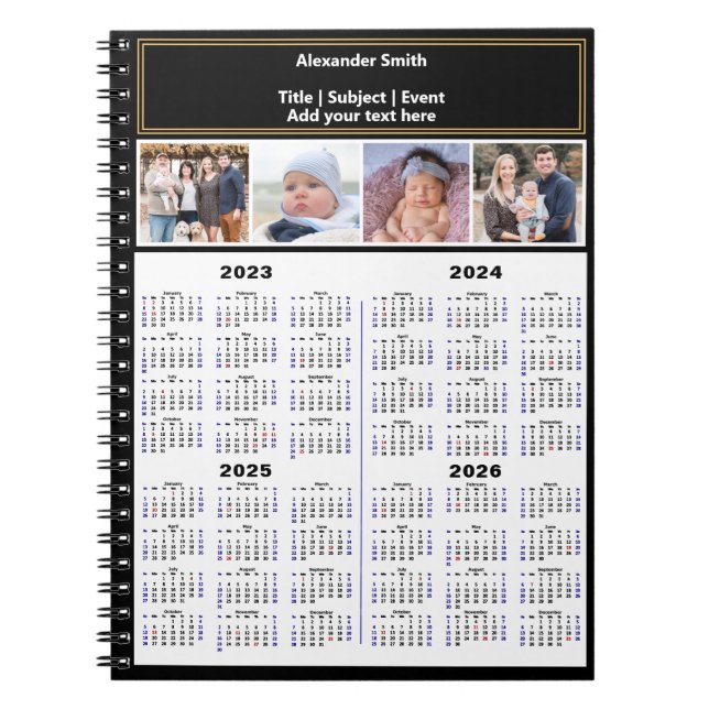 Caderno Espiral 2023 2024 2025 2026 Calendário Foto Personalizada  (Frente)