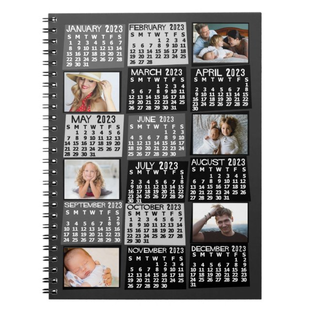 Caderno Espiral 2023 Monthly Calendar Black Mod 6 Photo Collage (Frente)