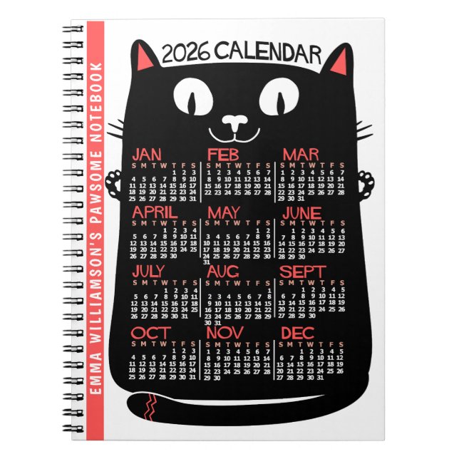 Caderno Espiral 2026 Year Monthly Calendar Mid-Century Black Cat (Frente)