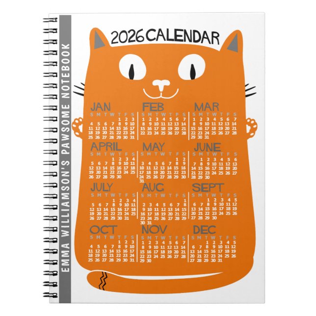 Caderno Espiral 2026 Year Monthly Calendar Mid-Century Orange Cat (Frente)