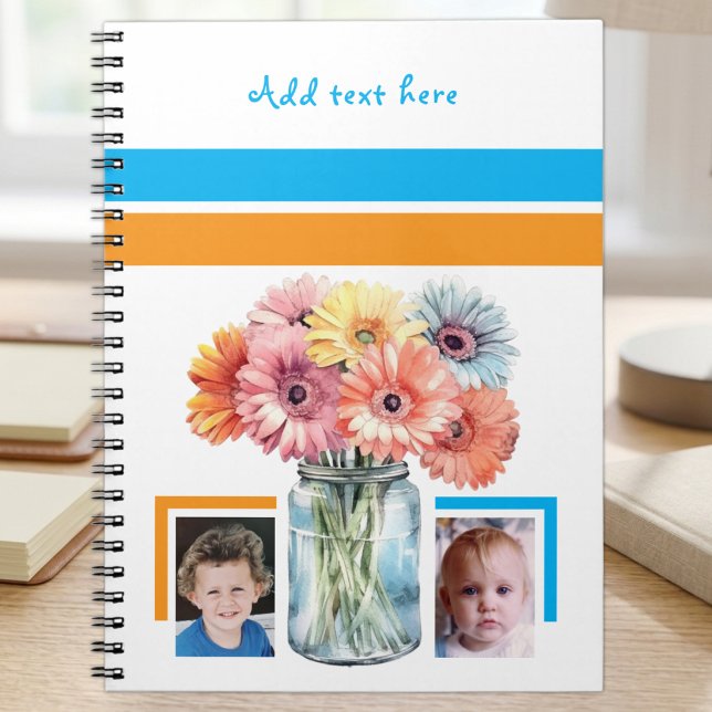 Caderno Espiral 2 flores de texto personalizado azul laranja (Criador carregado)