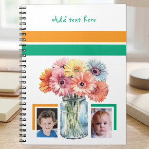 Caderno Espiral 2 fotos texto personalizado flores verde laranja