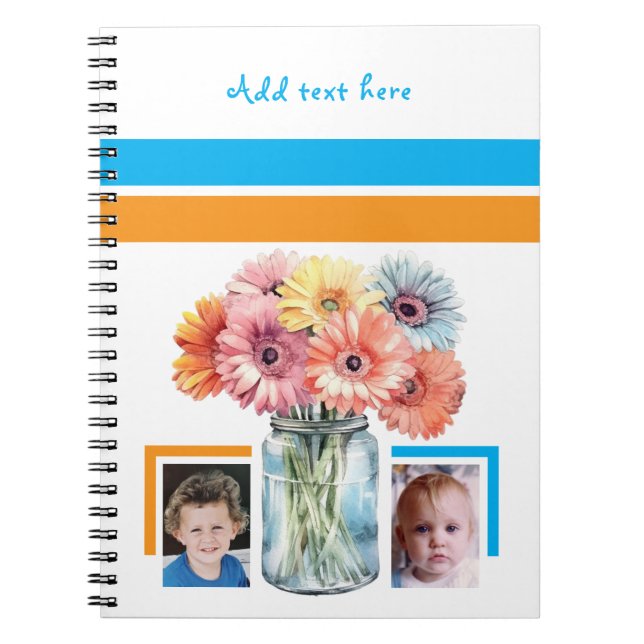 Caderno Espiral 2 photo custom text flowers blue orange (Frente)