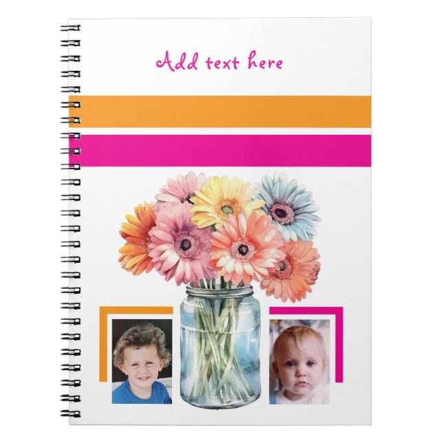 Caderno Espiral 2 photo custom text flowers pink orange (Frente)