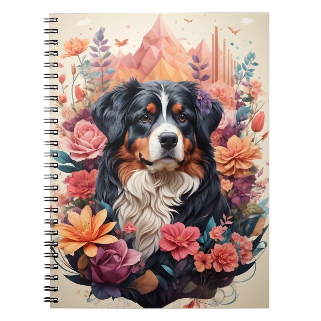 Caderno Espiral 3D Fantasia Floral Bernese Mountain Dog Birds Ver (Frente)