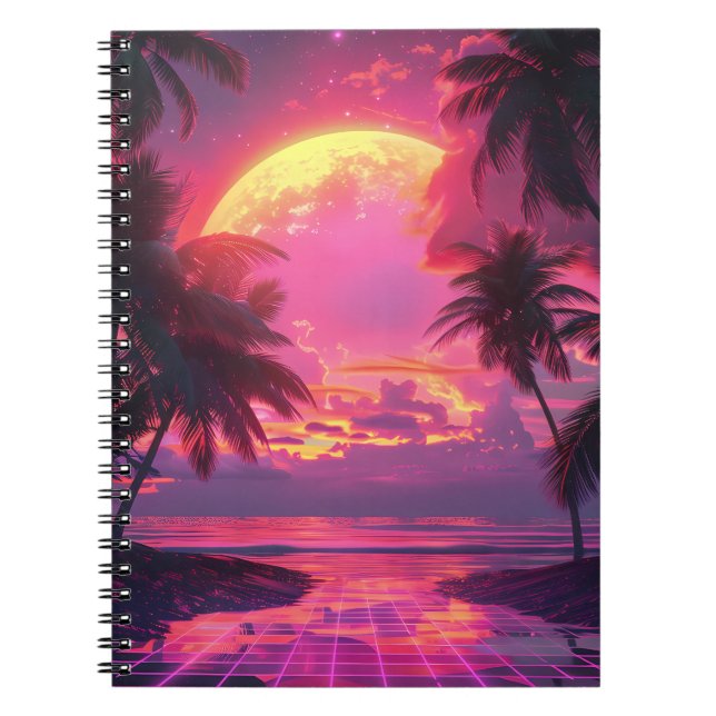 Caderno Espiral 3d pôr do sol na praia. Palmas retrorreflectoras (Frente)