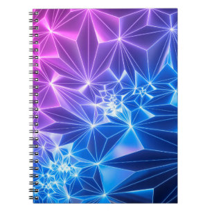 Caderno Espiral 3d renderização, fundo geométrico néon azul-rosa,