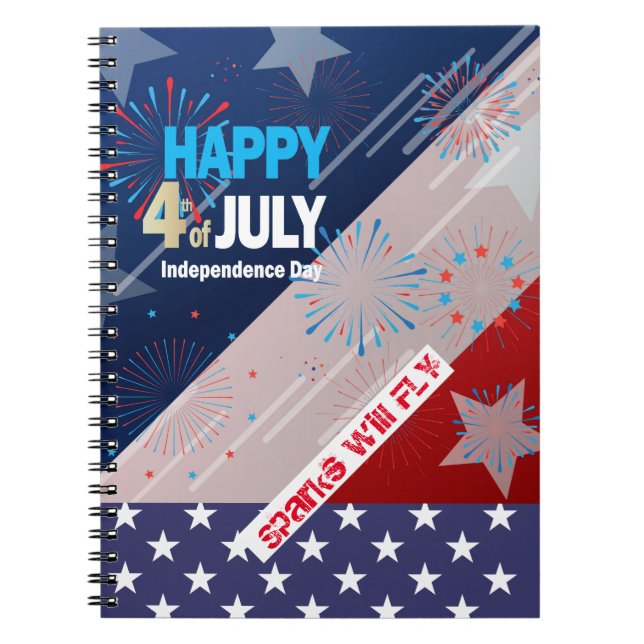 Caderno Espiral 4 de julho American Flag Heart Flag Fireworks (Frente)