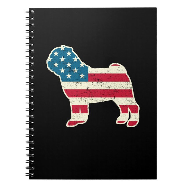Caderno Espiral 4 de julho Pug Dog American Flag EUA (Frente)